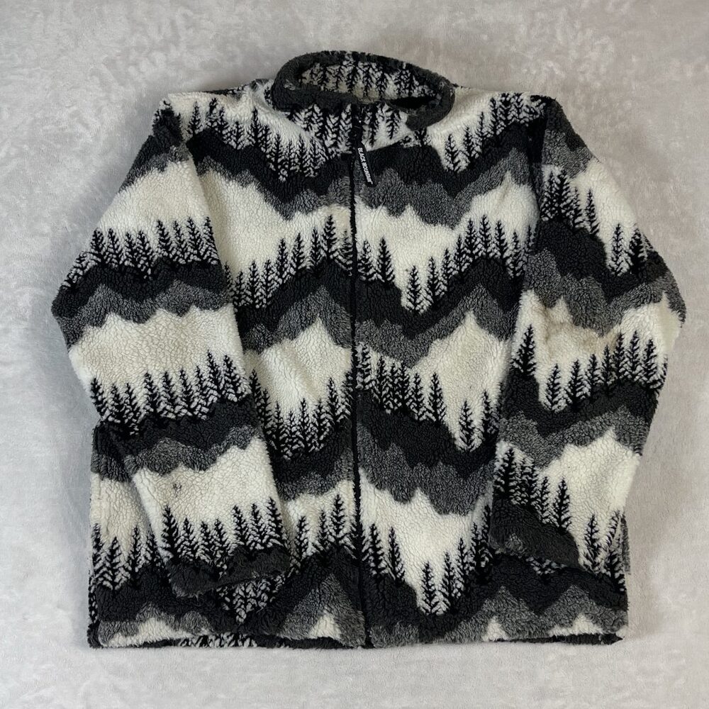 Black Mountain Outdoor Men's Tree Pattern Fleece Jacket M Black White Grey